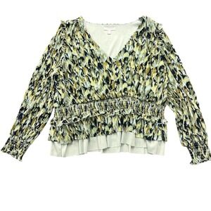 Chelsea28 Womens 2X Floral Green Textured Plisse Smocked Waist V-Neck Blouse NWT